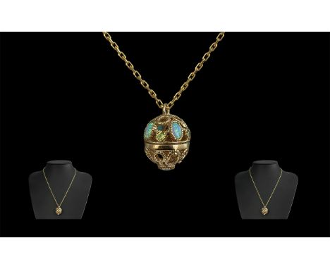 Antique Period - Nice Quality 9ct Gold Open Worked Pendant, Sphere Shaped, Set with Opals, Peridots, Attached to a 9ct Gold C