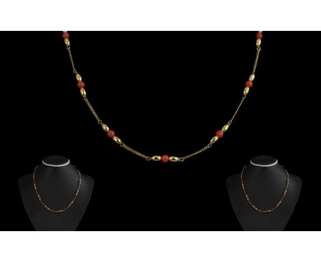 Ladies Attractive 9ct Gold And Red Coral Beaded Necklace/Chain marked 9.375. Excellent design, weight 7.1 grams, length 16'' 
