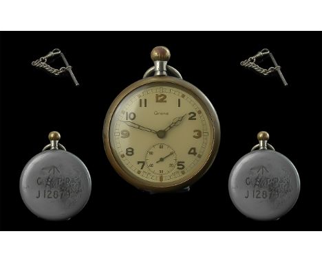 World War II Military Watch Interest. Grana GSTP General Service Time Piece Pocket Watch Serial number J12879 With Attached S