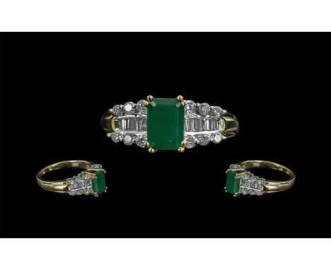 14ct Gold Well Designed Emerald and Diamond Set Dress Ring, marked 14ct to interior of shank, the faceted emeralds of good co