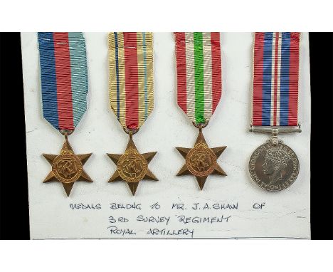 World War II Military Medals ( 4 ) Awarded to J.A.Shaw of 3rd Survey Regiment Royal Artillery. Comprises 1/ 1939 - 1945 Star.