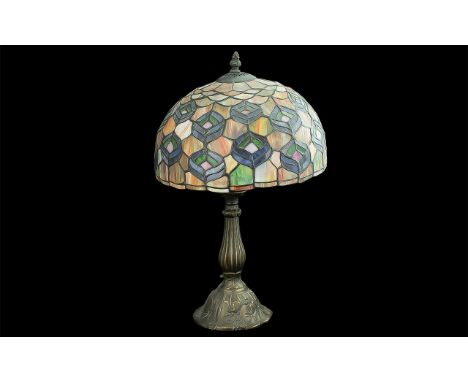 Tiffany Style Table Lamp, leaded shade on a bronzed column.  Height Approx 19".