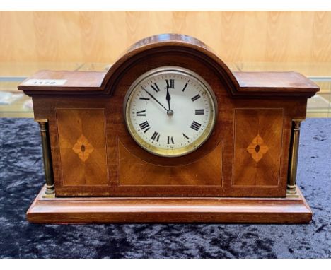 Early 20th Century Edwardian Mantle Clock, architectural design with columns, inlaid mahogany, white enamel dial and Roman nu