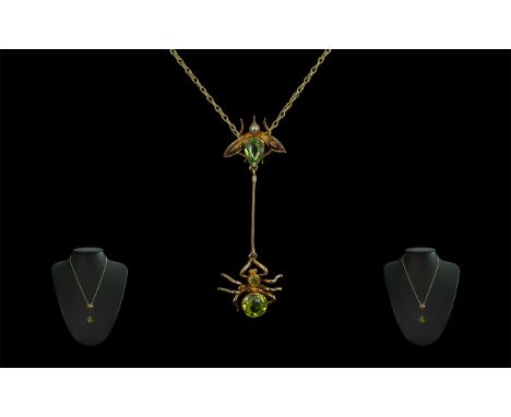 Antique Period - Novelty Superb 9ct Gold Spider Chasing a Fly Pendant with Integral 9ct Gold Chain. The Spider and Fly Set wi