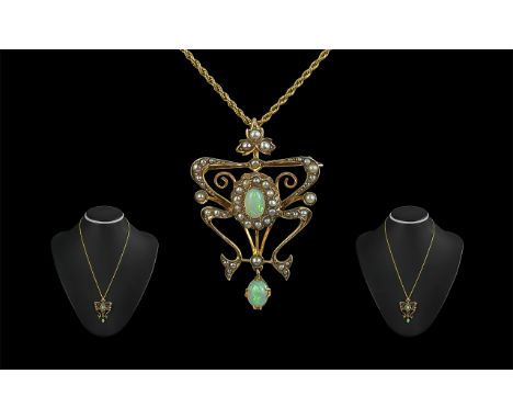 Victorian Period - Attractive and Exquisite 9ct Gold Open Worked Opal / Seed Pearl Set Pendant / Brooch, Attached to a 9ct Go