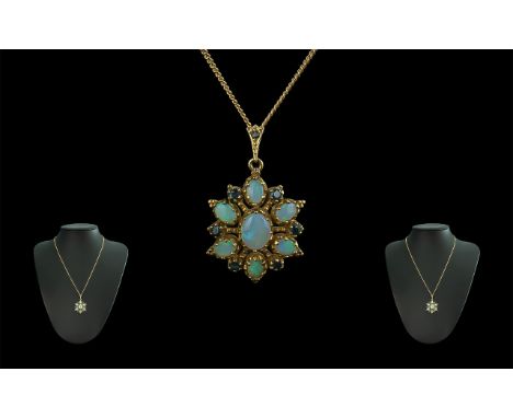 Antique Period - Attractive 9ct Gold Opal Set Pendant with Attached 9ct Gold Chain. The Opals of Good Colours with No Issues.