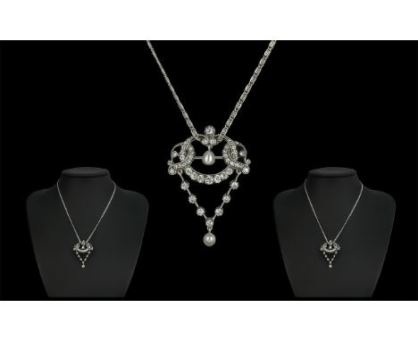 Antique Period Superb Quality 18ct White Gold Diamond Set Combined Pendant Drop / Brooch. c.1900. With Attached 18ct White Go