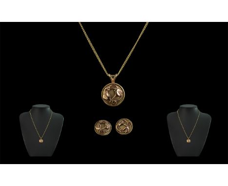 Welsh 9ct Clogau Gold Styalished Pendant and Chain with Matching 9ct Gold Earrings ' Tulip ' Design. Both with Full Hallmarks