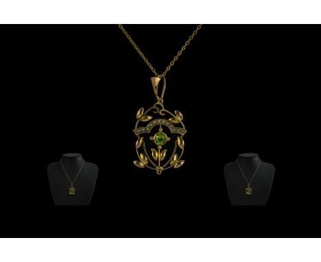 Antique Period Attractive 9ct Gold Open Worked Peridot and Seed  Pearl Set Pendant, With Later Attached Chain. Both Pendant a