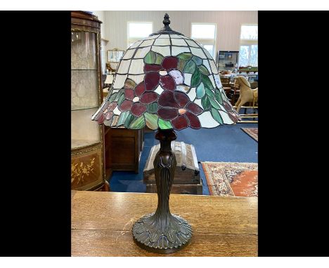 Tiffany Style Table Lamp, leaded shade on a bronzed column.  Height Approx 26".