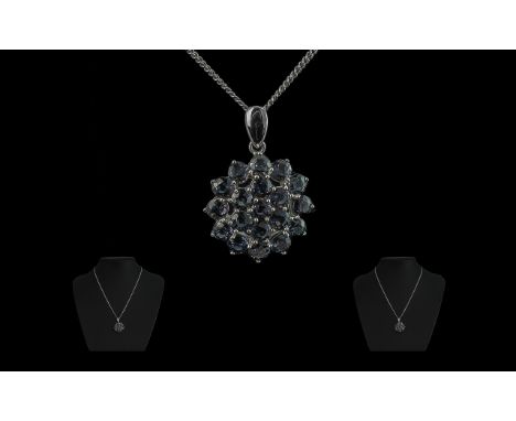 Ladies 9ct White Gold Sapphire Set Pendant with Attached 9ct White Gold Chain. Both Marked for 9ct. Weight 8.2 grams. Length 