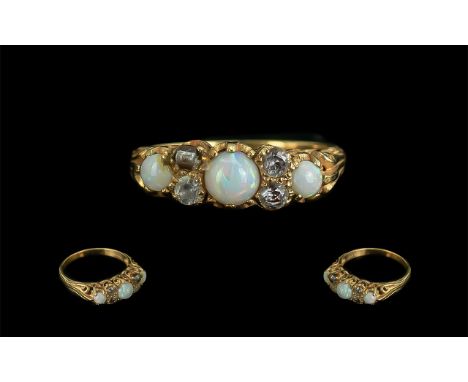 Antique Period Ladies 21ct Gold Attractive Opal and Diamond Set Ring, fancy gallery setting, marked 875 to interior of shank;