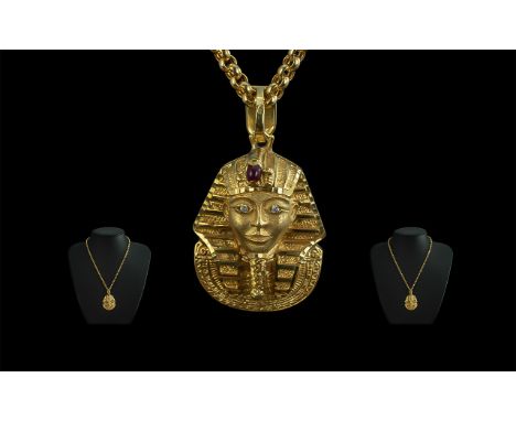 Egyptian 21 - 22 ct Gold Diamond - Ruby Set Pendant In the Form of a Bust of Pharaohs Head, With Diamond Set Eyes and Ruby Se