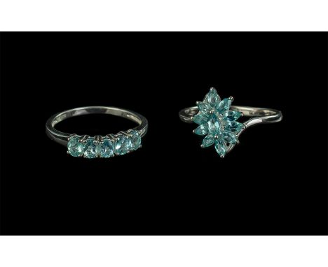 Two Russian Apatite Rings, two contrasting styles of the aqua blue apatite, one, an elegant cluster, centred on a marquise cu