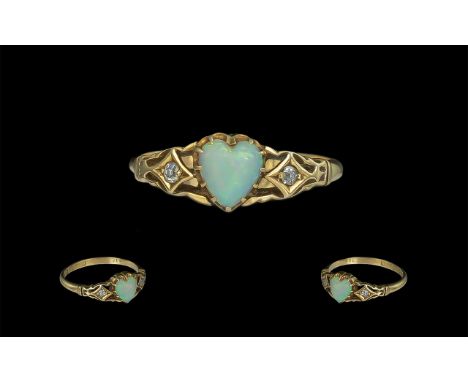 Antique Period Attractive 18ct Gold Heart Shaped Opal and Diamond Set Ring of exquisite setting design; hallmarked Birmingham