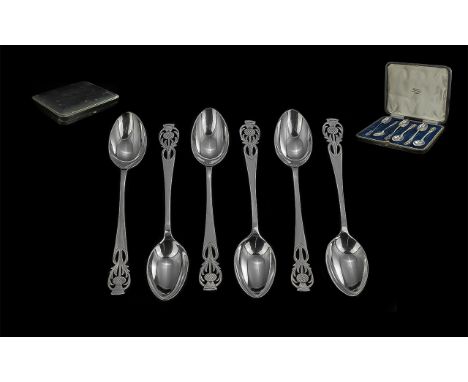 Scottish Thistle Boxed Set of Six Sterling Silver Teaspoons. Makers Mark T.S.C. Hallmark Glasgow 1937. All Spoons In Very Goo