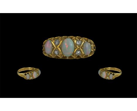 Edwardian Period - Attractive Opal and Diamond Set Ring, Ornate Gallery Setting and of Pleasing Design. Hallmark Chester 1910