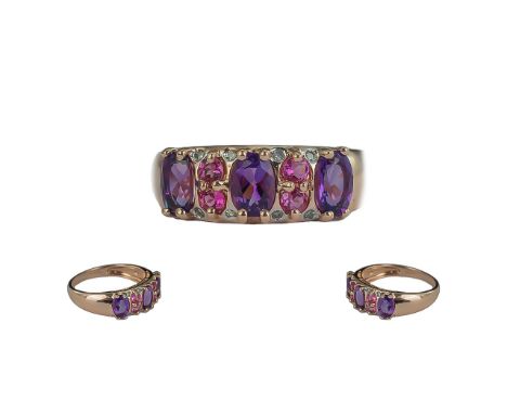 Ladies Attractive 9ct Gold Multi Stone Set Dress Ring, Gem Stones. Includes Amethysts, Pink Sapphires, White Sapphires. Full 