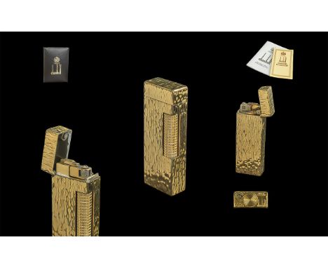 Dunhill Deluxe Version Gold Plated Bark Design Cigarette Lighter with Dunhill Box, Booklets. Little Used. c.1960's. 