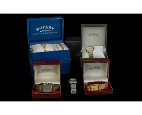 Rotary watch interest. A Collection of 4 boxed gents Rotary watches and 1 his and her matching Rotary watches (6 in total). A