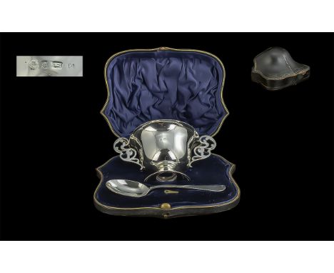 Edwardian Period 1902 - 1910 Sterling Silver Twin Ornate Handle Christening Cup and Spoon, Boxed ( Fitted ) Hallmark Birmingh