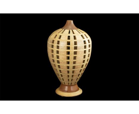 Beautiful Contemporary Hand Turned Wooden Table Lamp, when lit sends out a lovely pattern.  Fitted with an LED bulb.  Measure