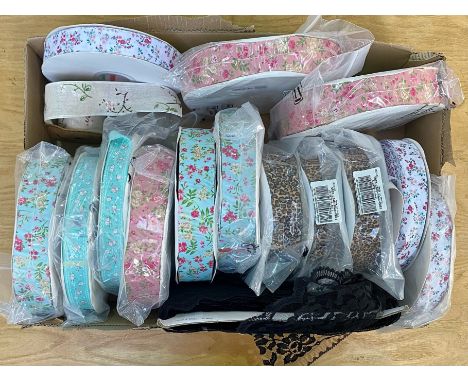 Haberdashery Interest - Large Box of Ribbons, on rolls, lots of assorted colours.  Floral patterns, animal print, lace, etc. 