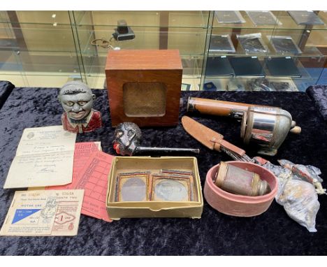 Mixed Lot of Collectibles including Motor Car Ephemera, Ration Book, Royal Air Force, Money Bank, Pipe, Lead Figures, Telesco