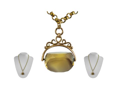 Antique Period Good Quality 9ct Gold Belcher Chain with Attached 9ct Gold Large Stone Set Swivel Fob. Marked 9ct. Weight 31,7