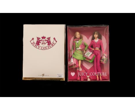 Barbie Mattel Rare Juicy Couture Two Dolls, No. G8079.  Two Barbie dolls dressed in modern Juicy Couture clothes, with shoppi