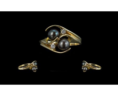 Ladies 14ct Gold Pleasing Black Pearl &amp; Diamond Set Dress Ring, contemporary design, marked 14ct to shank.  Diamonds of w