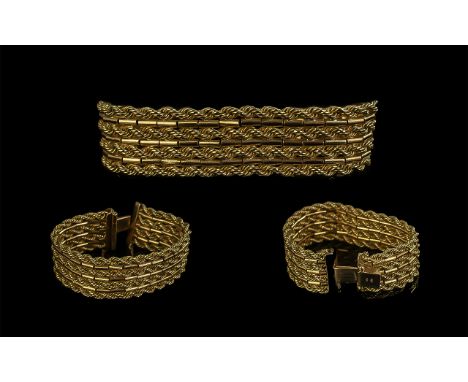 18 ct Gold - Fine Quality Wide Band Ornate Weave Bracelet - Marked 18ct. Excellent Design with Safety Chain. Length 6.5" (16.