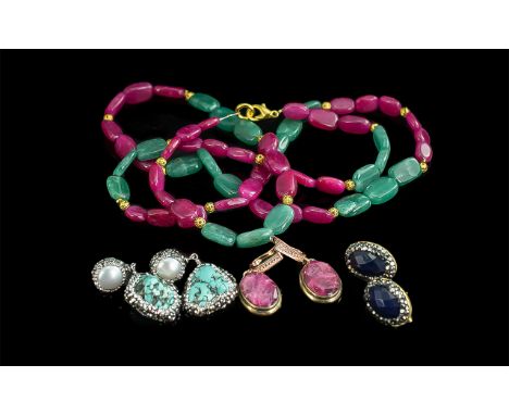 Small Set of Jewellery, comprising a pair of Lapis and Hematite earrings, a pair of turquoise and pearl drop earrings, both f