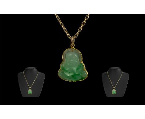 9ct Gold Mounted Jade Buddha Figure / Pendant Attached to a 9ct Gold Chain. Marked 9.375. Chain length 18 Inches - 45 cms, Pe