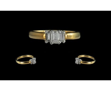18ct Gold Good Quality 3 Stone Diamond Set Ring. Full Hallmark to Interior of Shank. The 3 Step-Cut Diamonds of Top Colour an