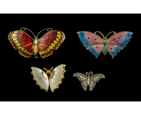 A Small Collection of Vintage Silver and Enamel Butterflies Brooches ( 4 ) In Total. Two Hallmarked for Silver. In Very Good 