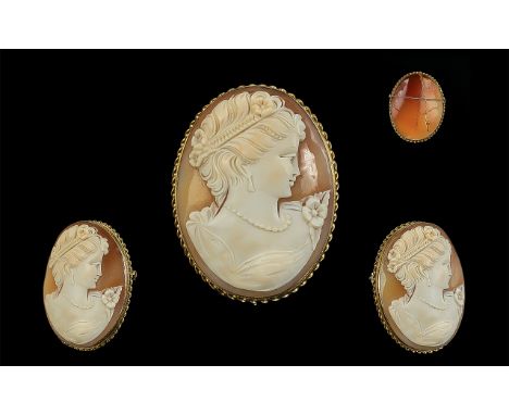 A Large and Impressive 9ct Gold Mounted Shell Cameo Brooch with Safety Chain. Full Hallmark to Side of Cameo. Carved In Fine 