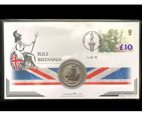 Harrington &amp; Byrne 2020 1 oz Silver Britannia Coin &amp; Stamp Cover In Original Blue Folder. With Certificate of Authent