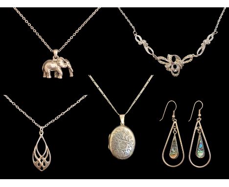 Collection of Silver Jewellery. Comprises Silver and Marcasite Necklace, Pair of Silver Hoop Drop Earrings with Green / Blue 