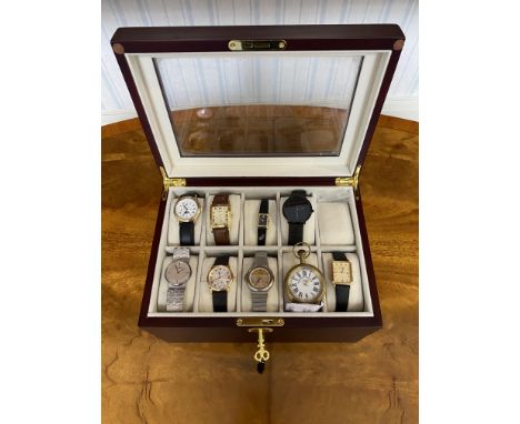 Watch Box Containing Nine Watches, to include a Rotary, Accurist, Longines, mostly quartz, together with a pocket watch.  Mah