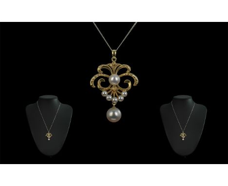 Antique Period Attractive 14ct Gold Open worked Pendant with Pearl Drop. Marked 14ct, Attached to a Later 9ct Gold Chain. Bot