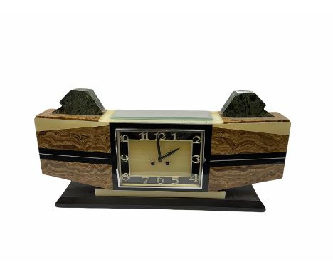 1930�s French Art Deco mantle clock in distinctive vein cut brown marble with inlaid cream and black marble, rectangular dial