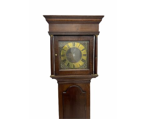 Oak cased mid-18th century longcase clock with a four pillar 30-hour rope driven movement striking the hours on a bell, recoi