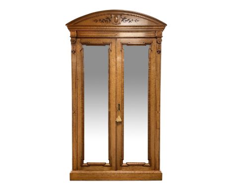 Alex Mackenzie &amp; Co. Glasgow - Large late 19th century Scottish birds eye maple double wardrobe, arched pediment carved w