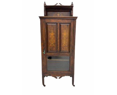 Edwardian rosewood music side cabinet, inlaid detail, raised back with small shelf, above single panelled doorDimensions: Hei