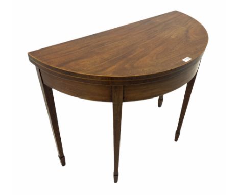 George III inlaid mahogany demi-lune tea table, fold-over top with twin gate-leg action, tapering legs on spayed feetDimensio