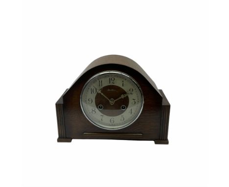 Oak cased mid-20th century �Bentima� English eight-day spring driven mantle clock with a striking movement striking the hours