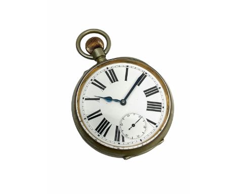 Goliath pocket watch in a nickel case numbered 1966970, 2-1/2� white enamel dial with blued steel spade hands and second hand