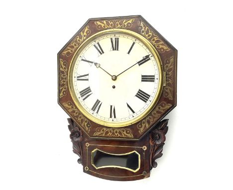 Mid-19th century mahogany veneered eight-day four-pillar single fusee drop dial wall clock with an octagonal dial surround an