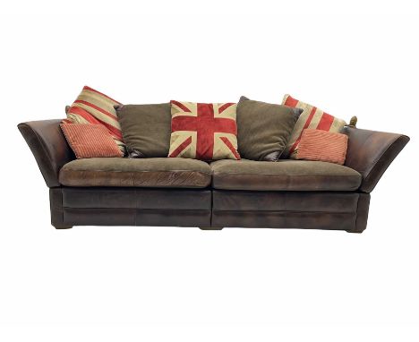 Knowle style grand drop arm sofa, upholstered in antique tan leather and fabric with contrasting scatter cushionsDimensions: 